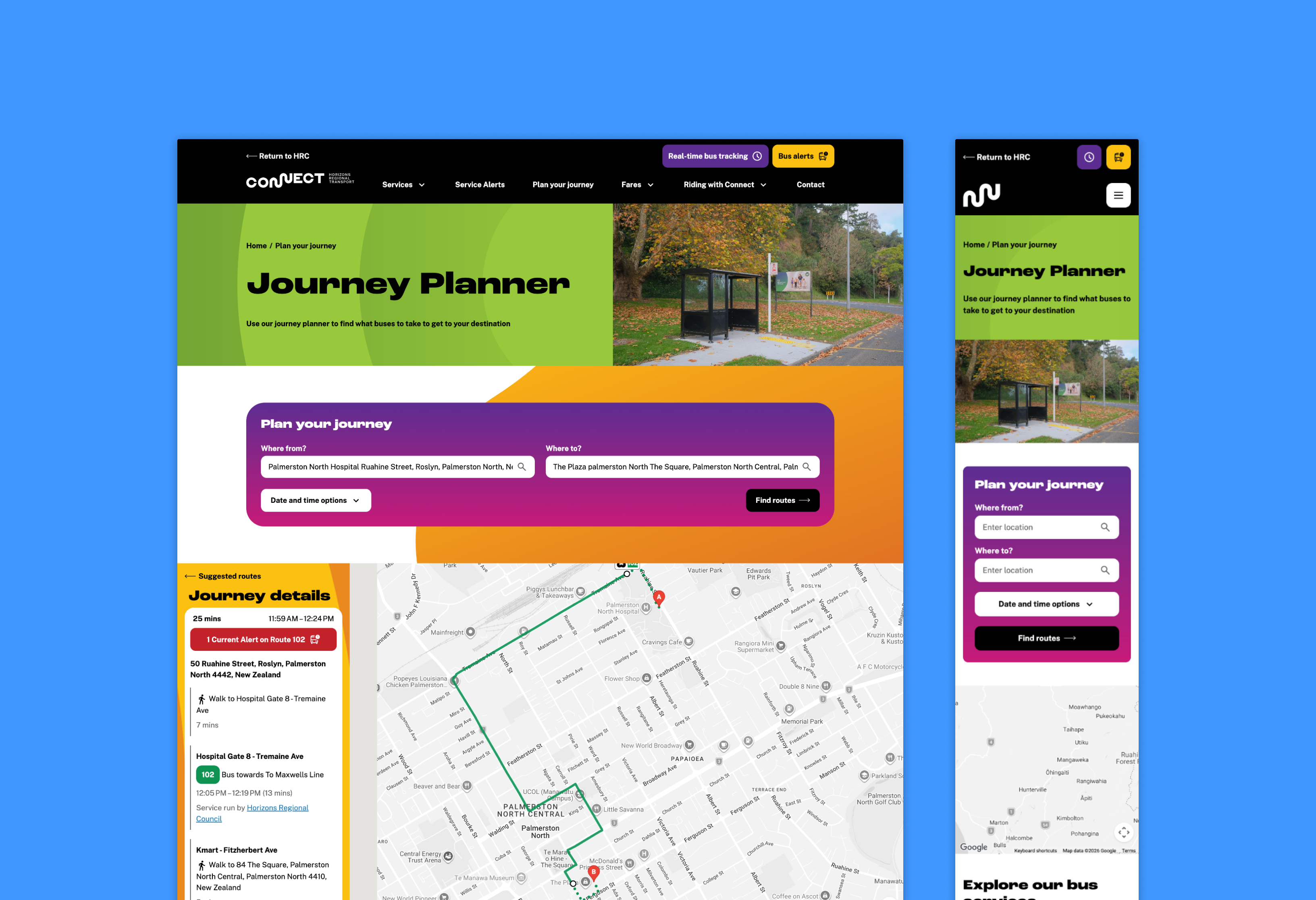 Screenshot of the Connect website journey planner in desktop and mobile