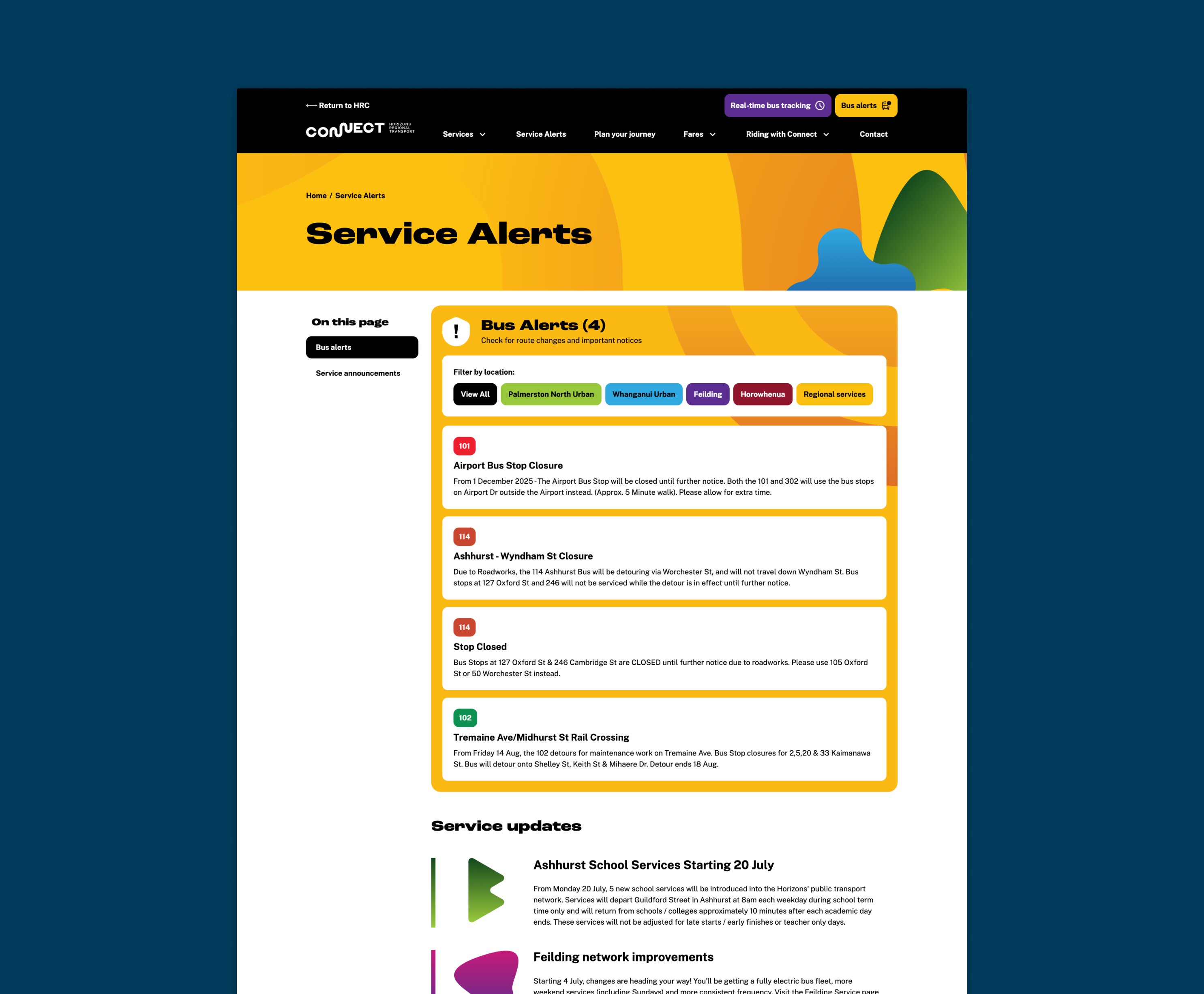 Screenshot of the service alerts page on desktop