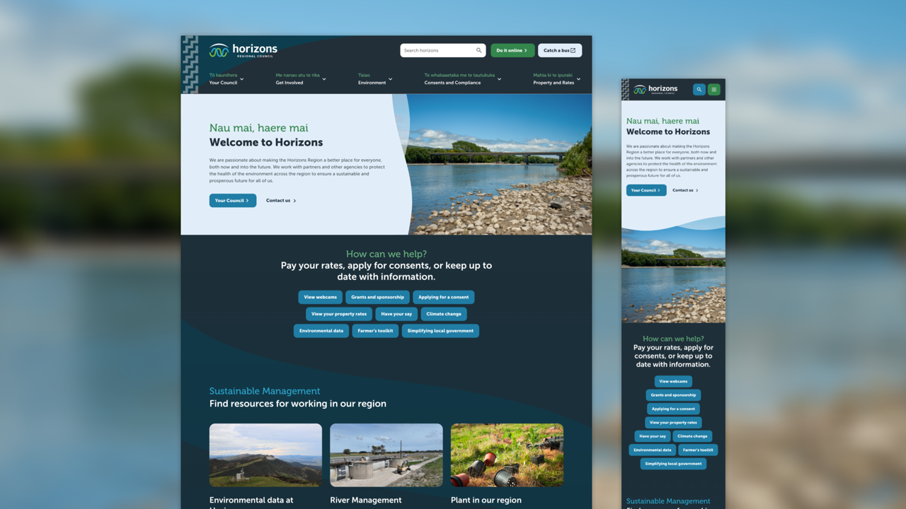 Screenshot of the Horizons Regional Council website homepage in desktop and mobile