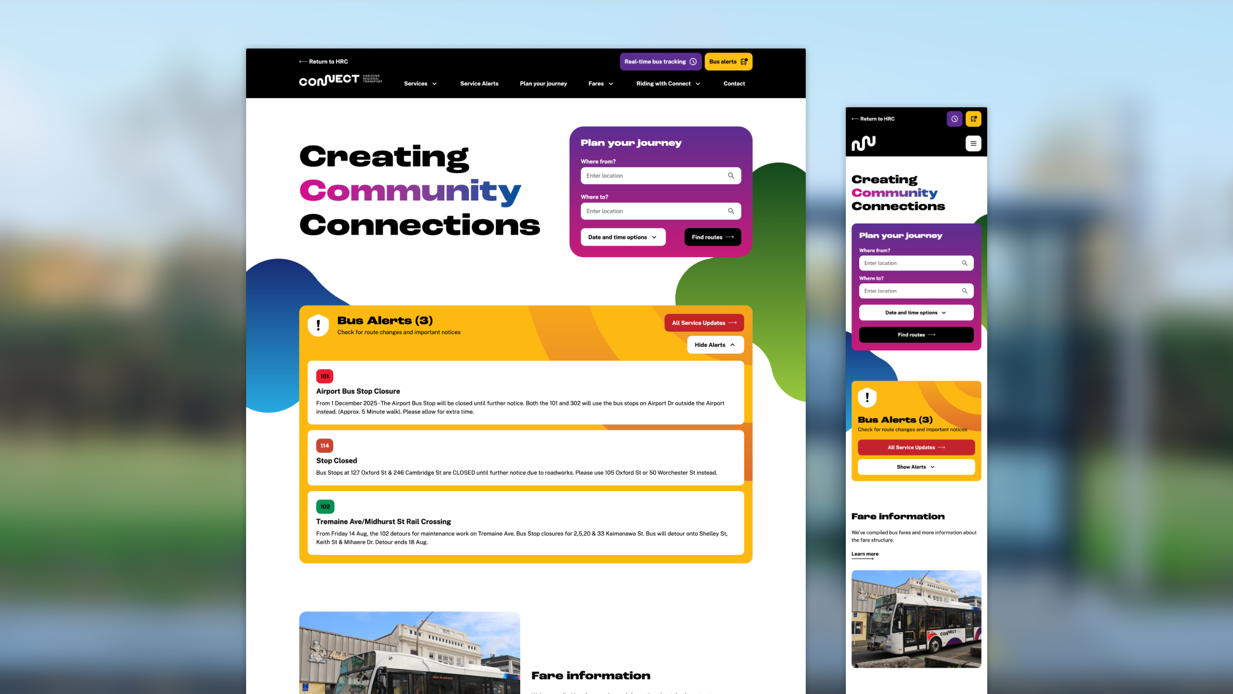 Screenshot of the Connect bus website homepage in desktop and mobile