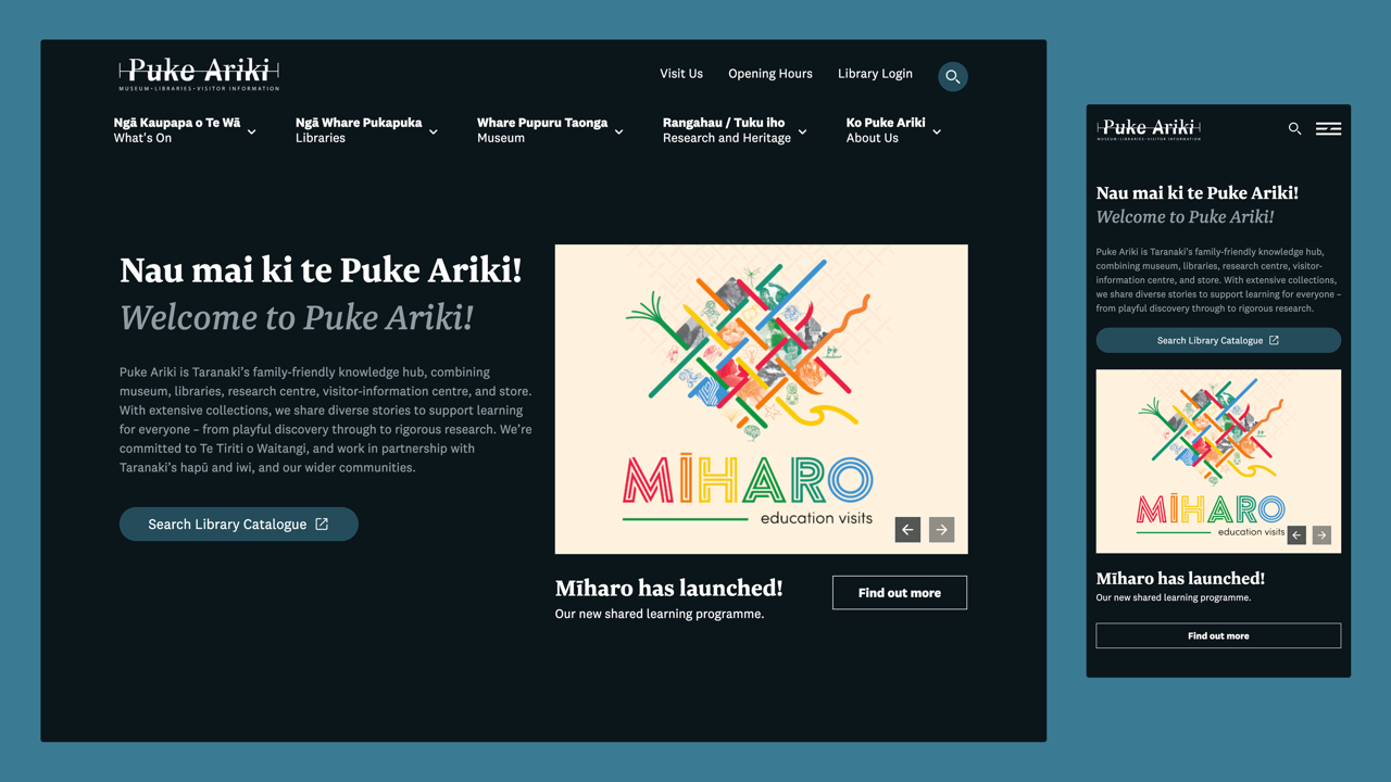 Screenshot of Puke Ariki homepage in desktop and mobile