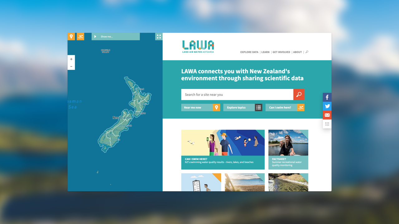 Screenshot of Lawa homepage with a blurry landscape behind