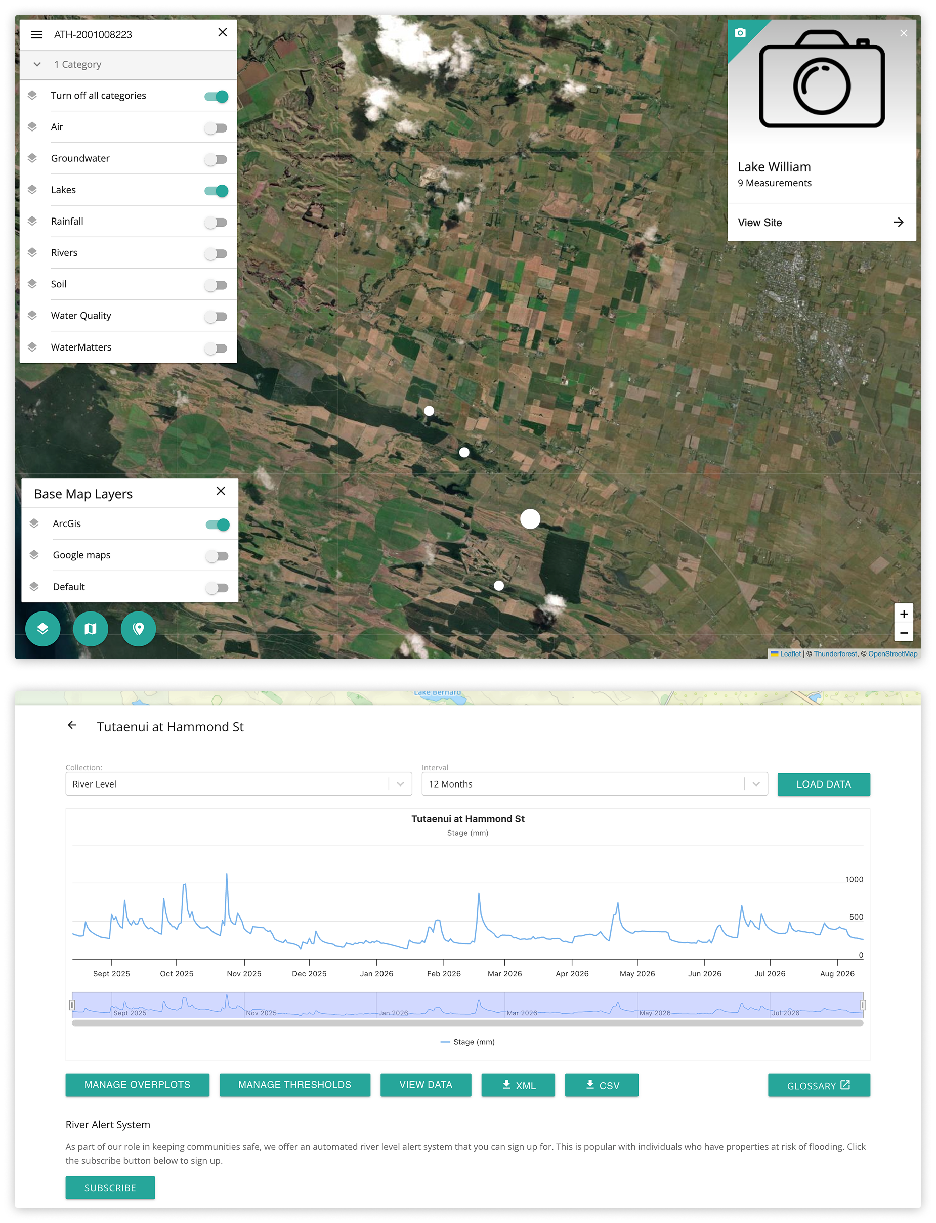Screenshot of the Environmental data website map and graph page