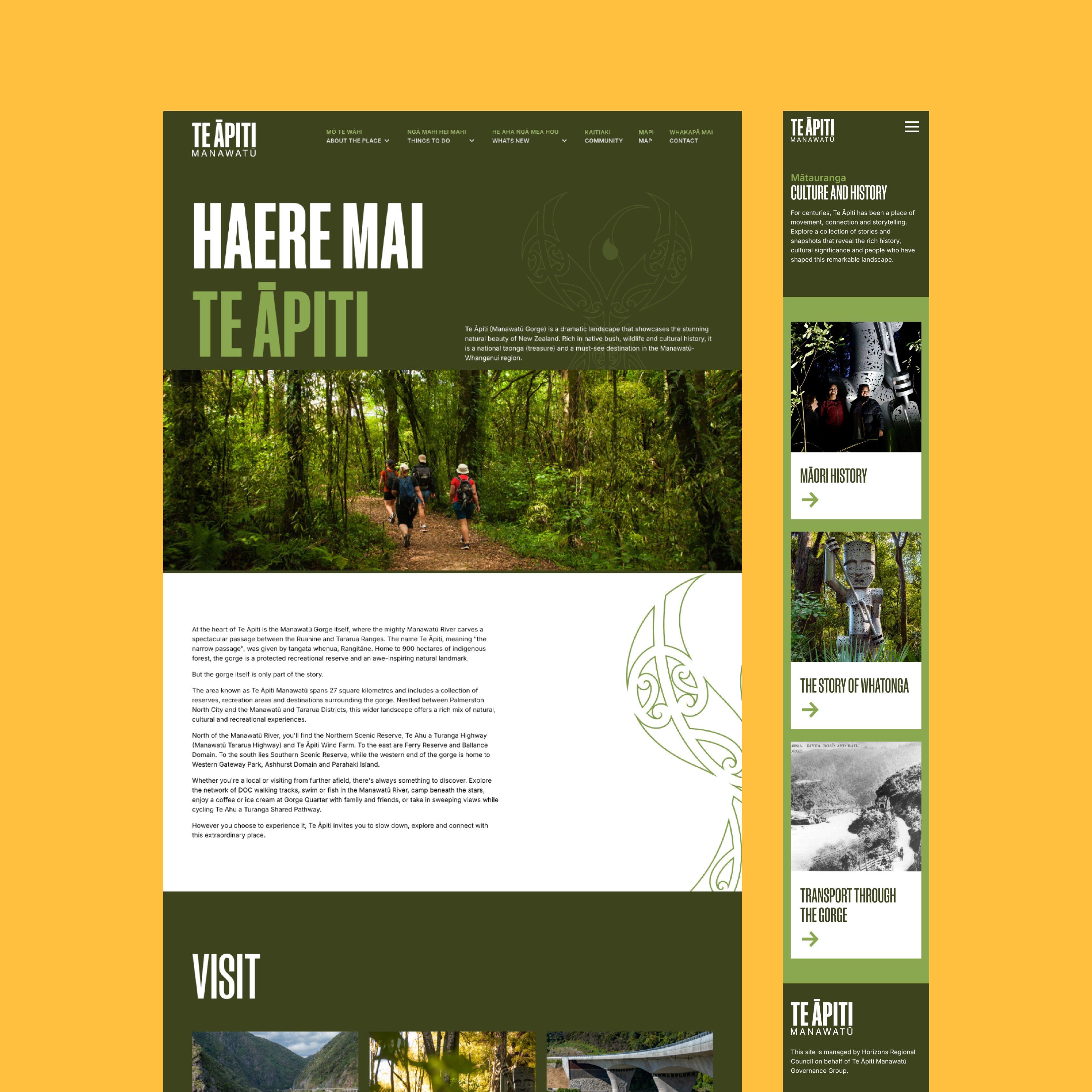 Screenshot of the Te Āpiti website homepage in desktop and mobile