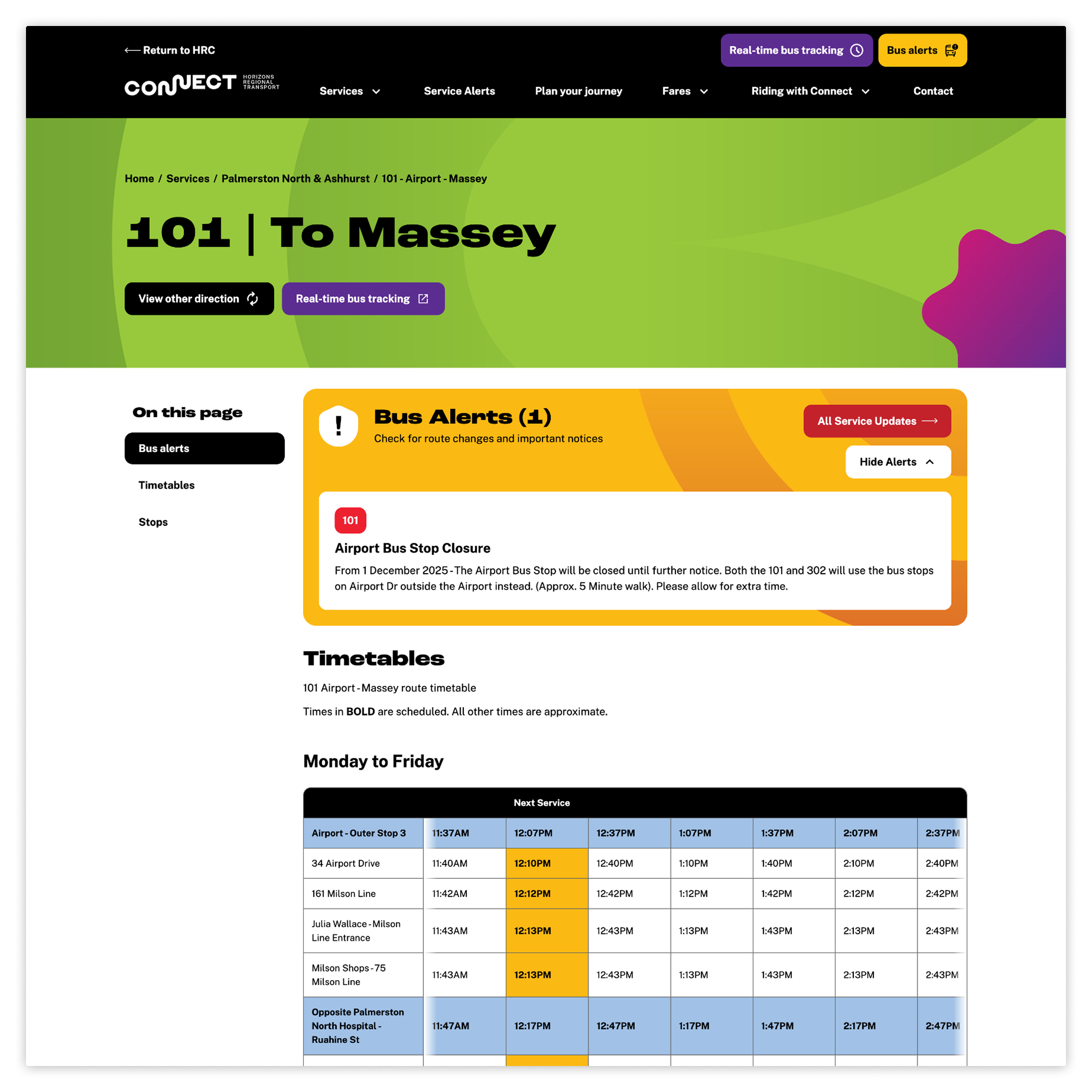 Screenshot of the Connect bus website route page in desktop